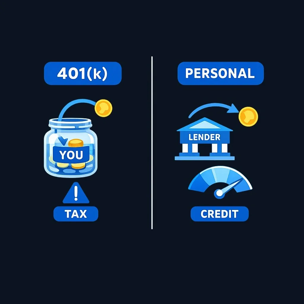 Two-column comparison of 401(k) loan versus personal loan interest flow and default consequences.
