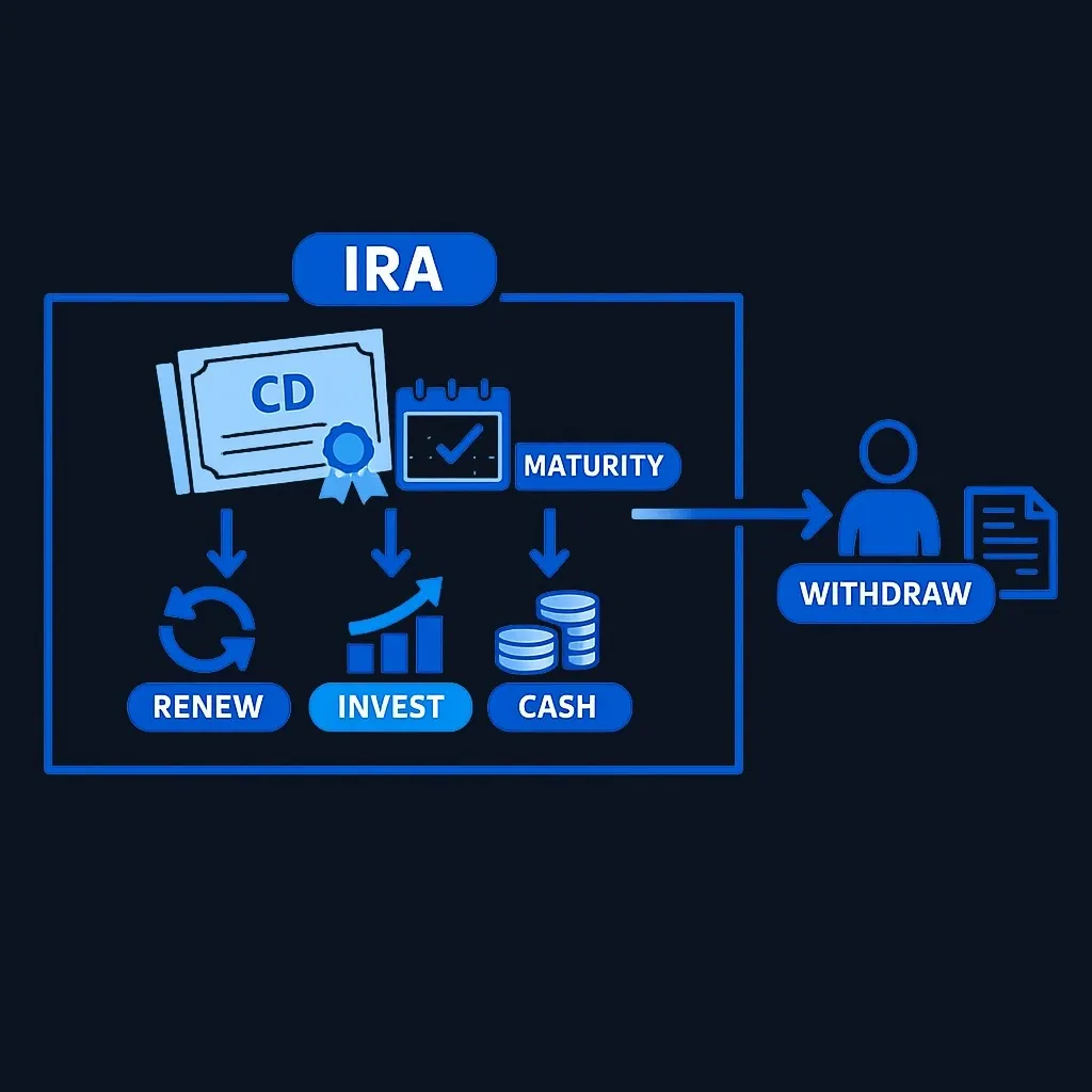 A matured CD inside an IRA box with three paths staying inside and one arrow leaving the box