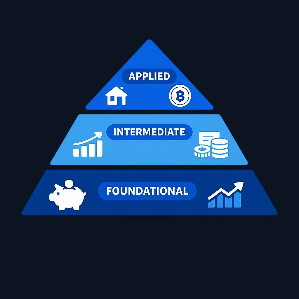 Three-tier pyramid showing foundational, intermediate, and applied learning stages for investing podcasts