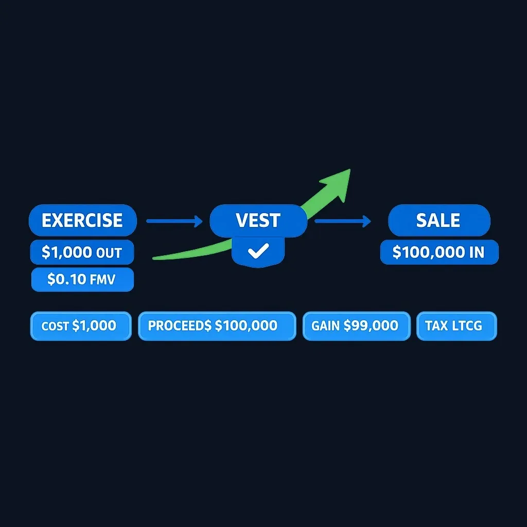 Timeline and financial outcome for successful early exercise case with low initial valuation and later liquidity event