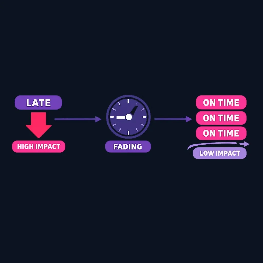 Timeline showing decreasing impact of late payment over time