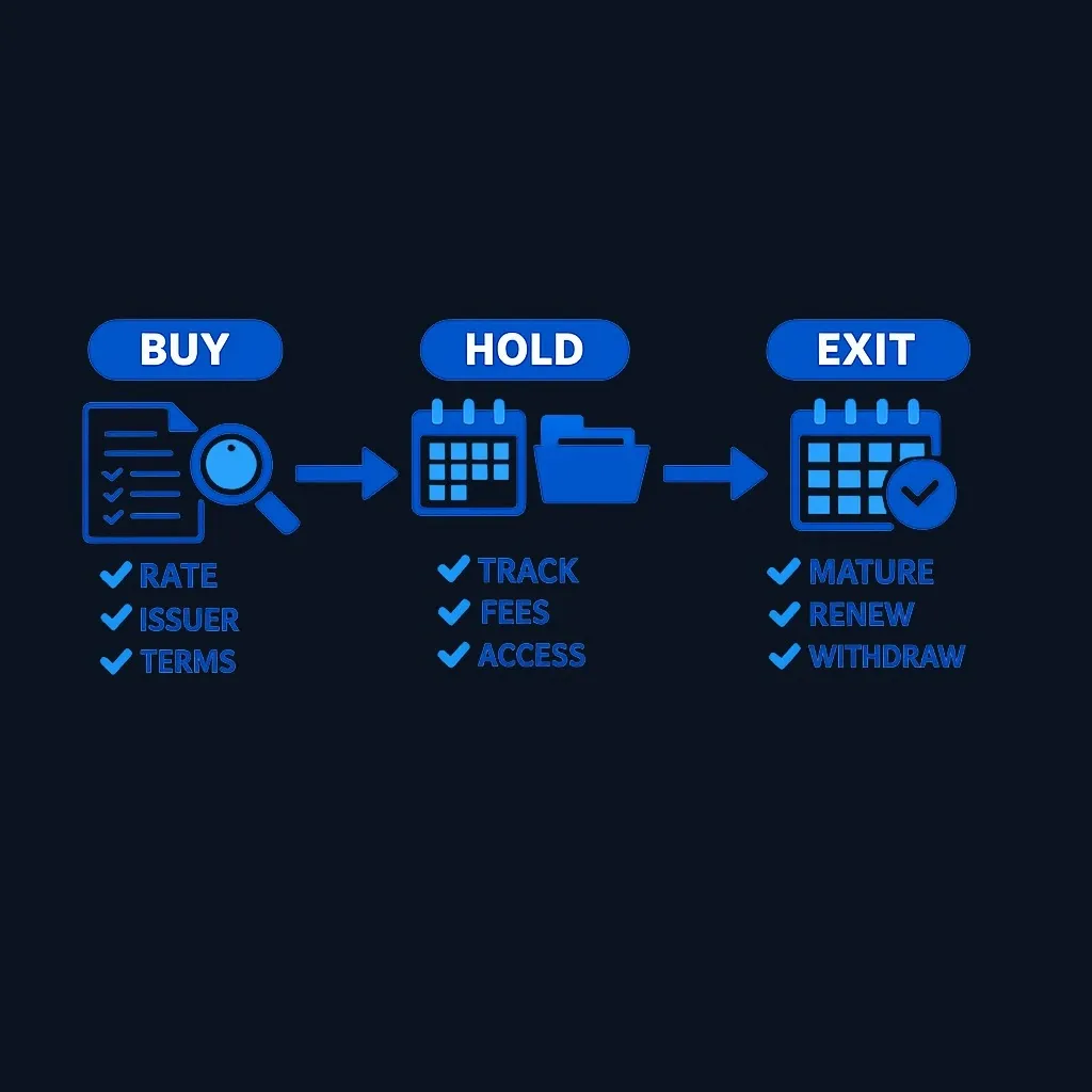 Three-phase CD decision framework showing buying, holding, and exiting considerations