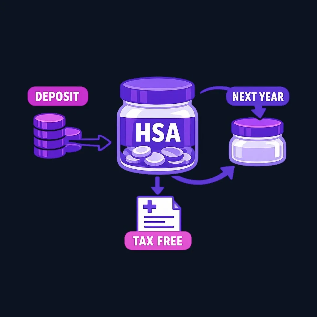 HSA flow diagram showing deposits in, balance rolling over across years, and tax-free withdrawals for medical bills
