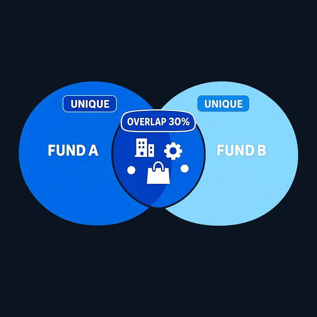 Visual demonstration of overlapping fund holdings reducing diversification