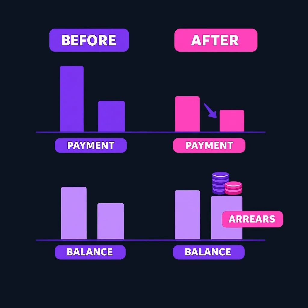 Diagram showing a monthly payment bar shrinking while the loan balance bar stays the same or grows.