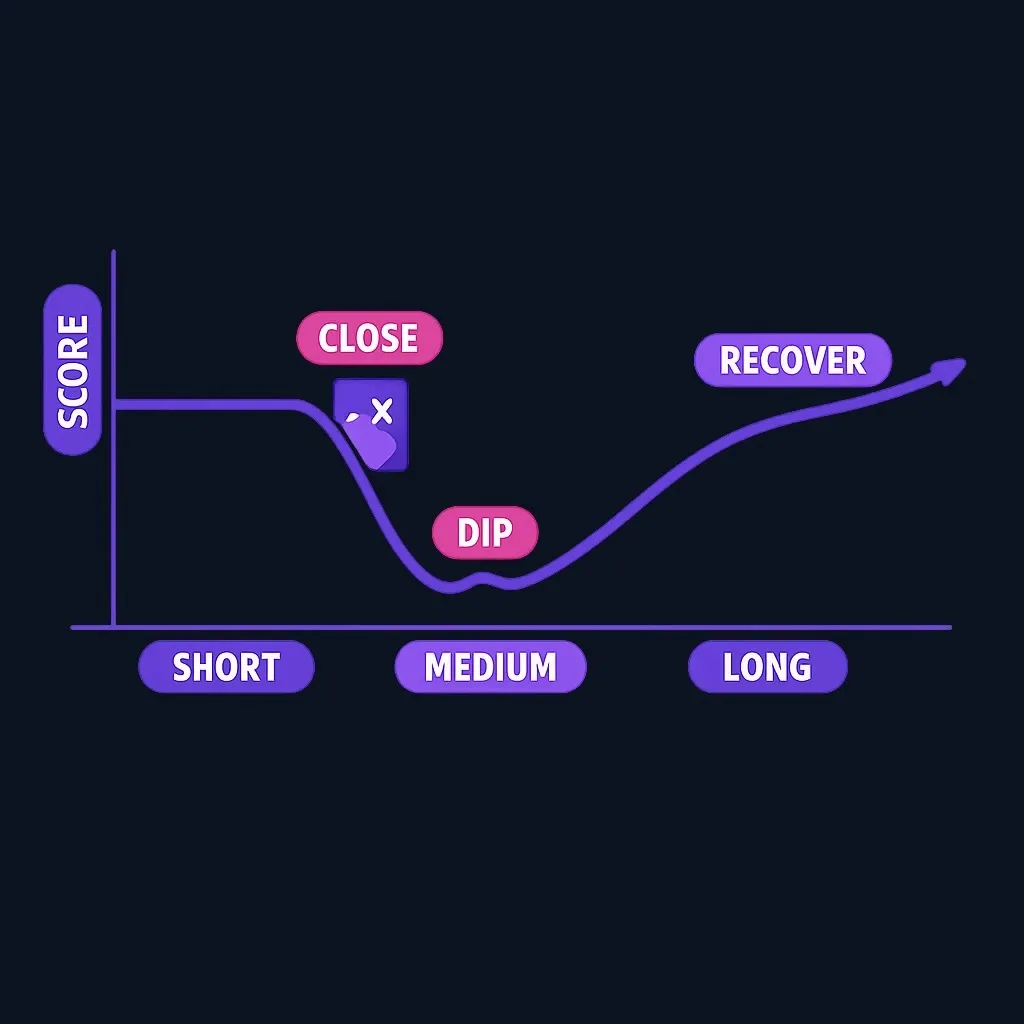 Line chart of a credit score dipping after card closure and recovering over time.