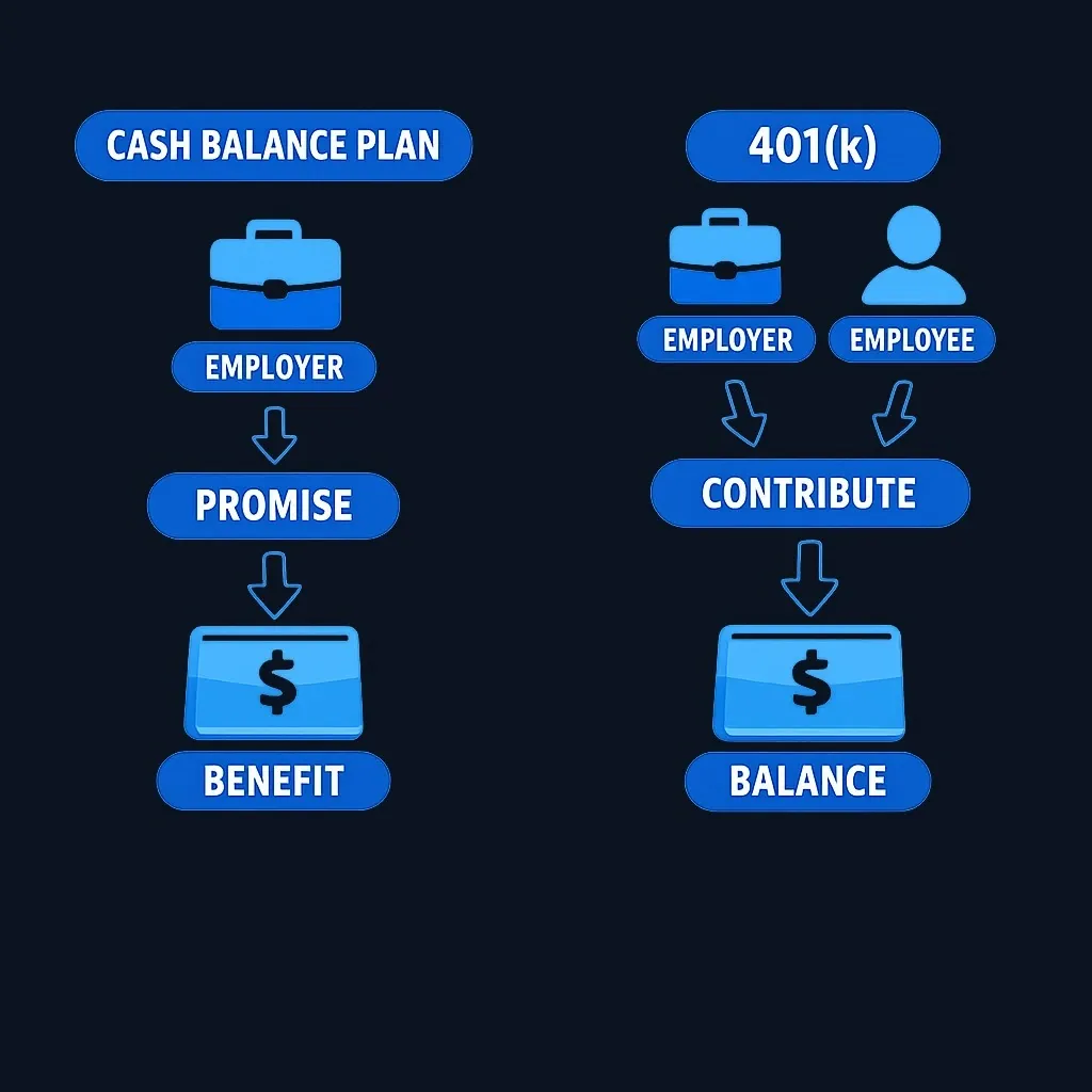 Diagram showing the structural difference between cash balance defined-benefit plans and 401(k) defined-contribution plans