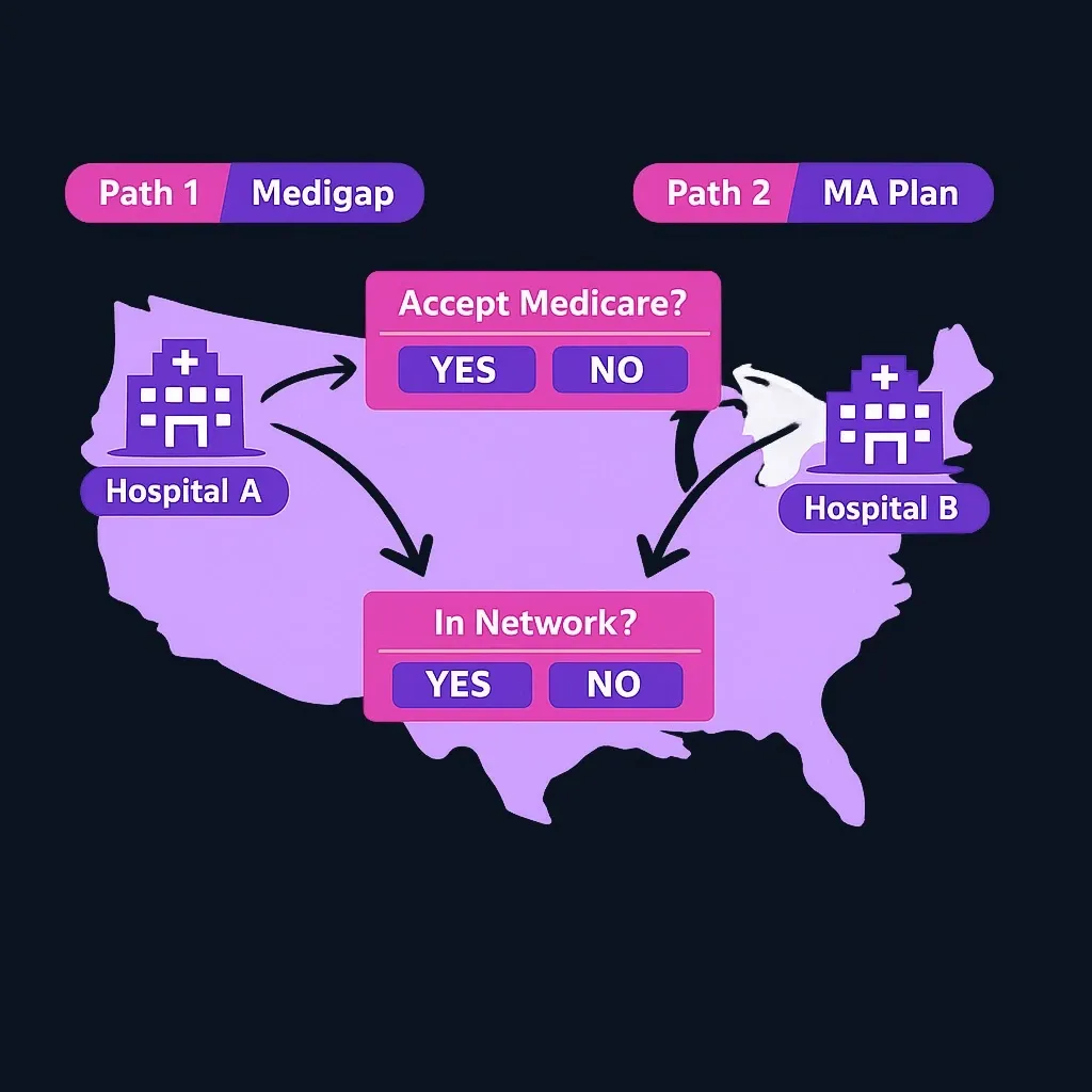 Diagram showing verification steps for multi-state cancer care under both Medicare options