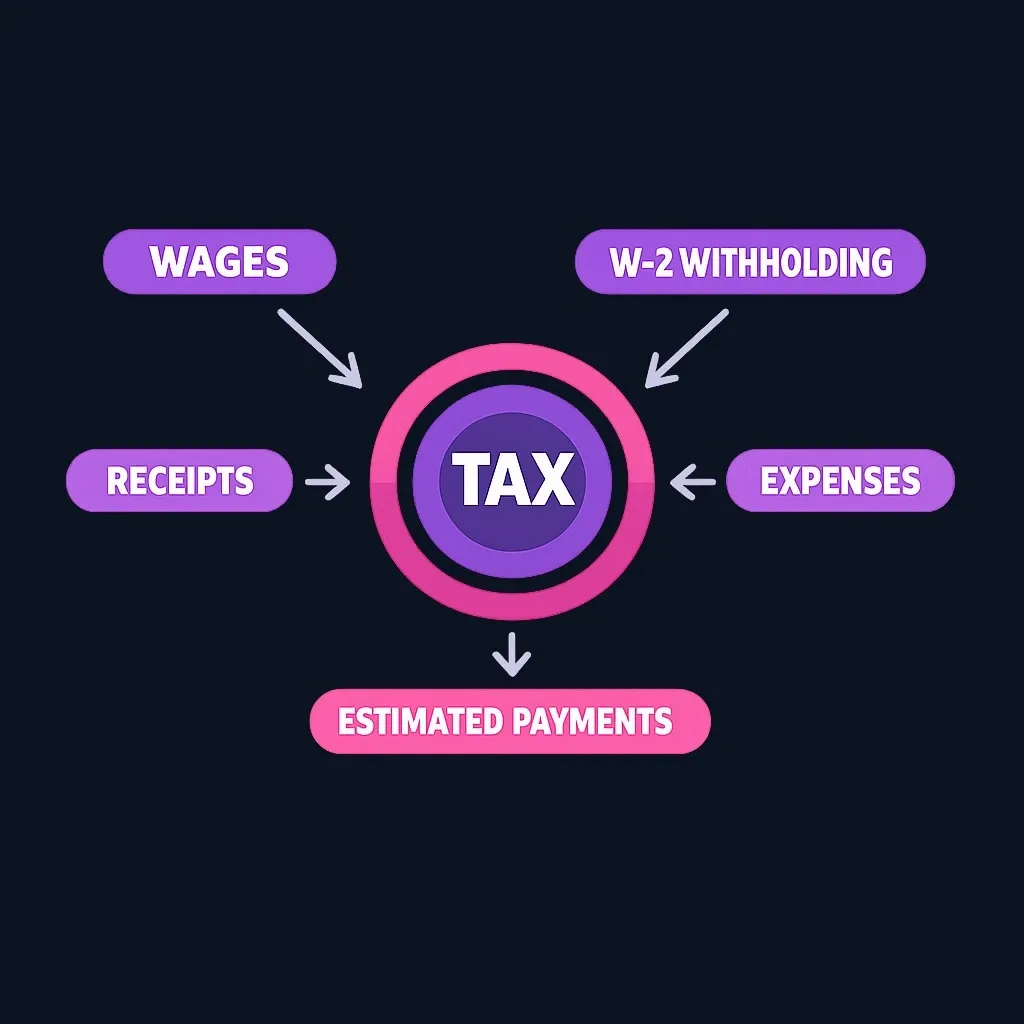 Diagram showing five tax input categories flowing into a central tax calculation