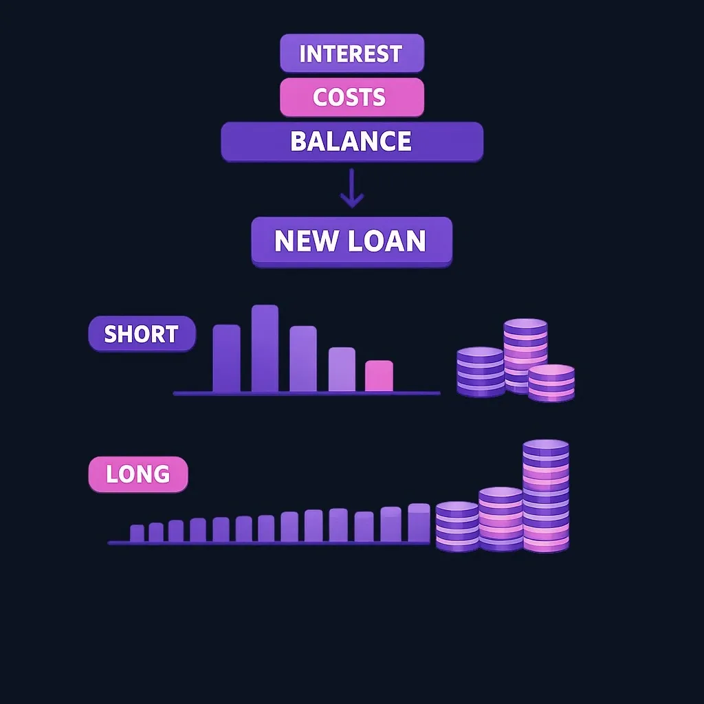 Comparison of a short high monthly payment schedule versus a long low monthly payment schedule with a larger total