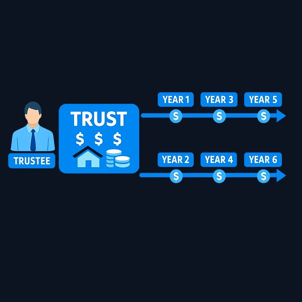 Diagram showing trustee managing trust assets with staggered distributions to two beneficiaries over time