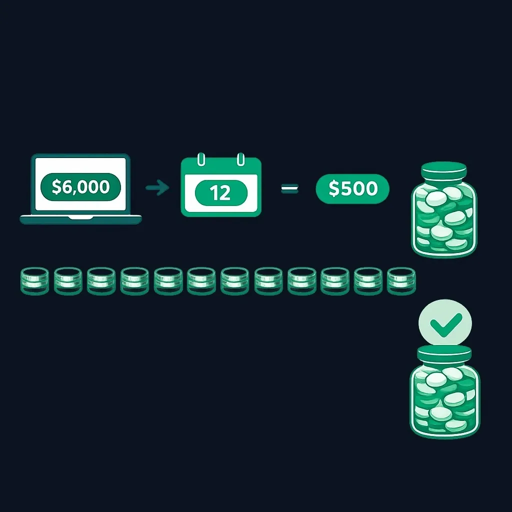 Laptop goal of $6,000 divided by 12 months equals $500 per month, shown as twelve equal coin stacks