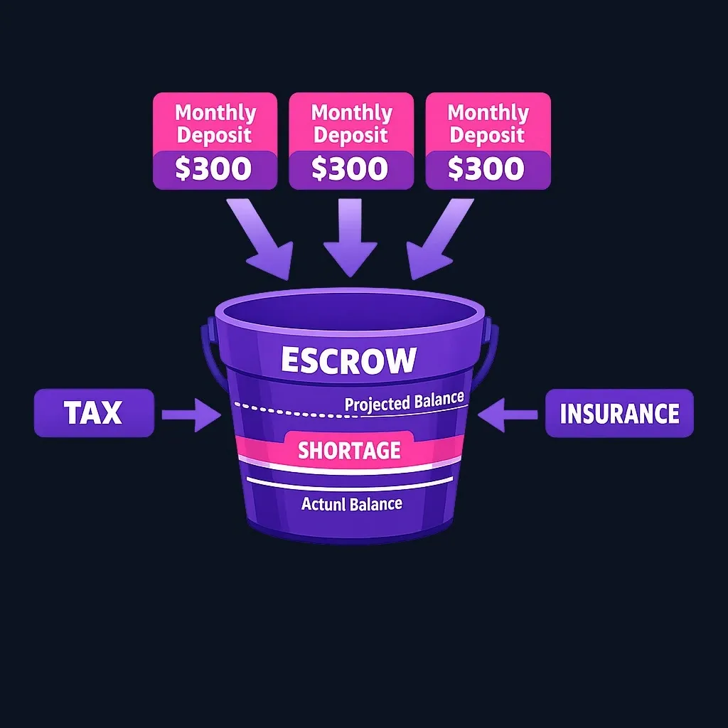 Diagram showing escrow account with monthly deposits and outgoing payments for taxes and insurance, highlighting the shortage gap
