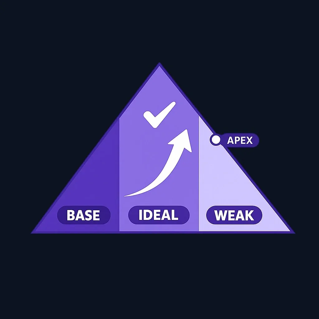 Symmetrical triangle divided into zones showing optimal and weak breakout timing regions