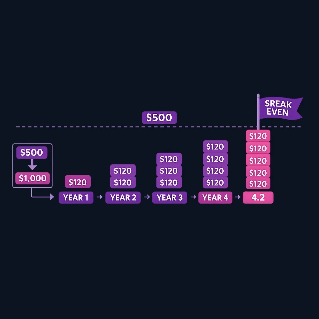 Timeline showing yearly $120 savings accumulating until they equal $500 extra deductible at about 4.2 years