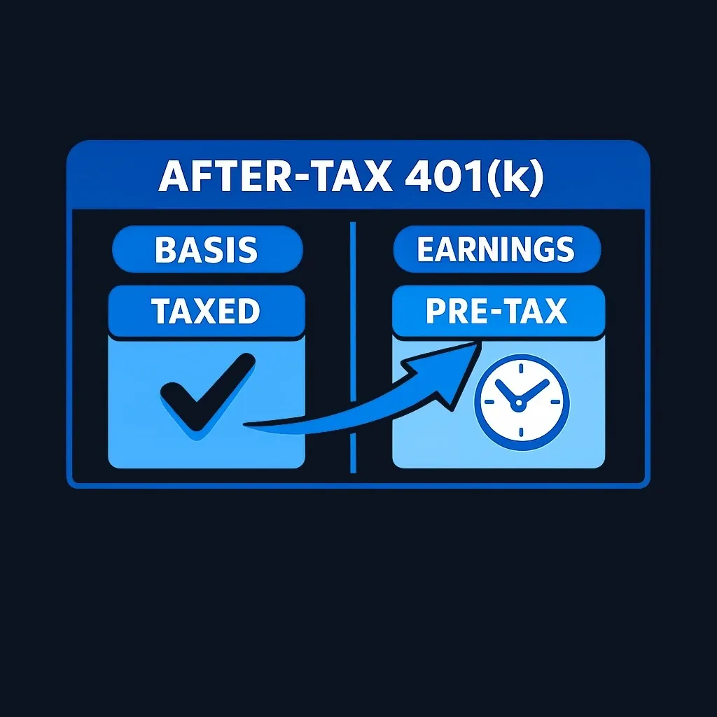 Diagram showing after-tax 401(k) account split into contribution basis and pre-tax earnings