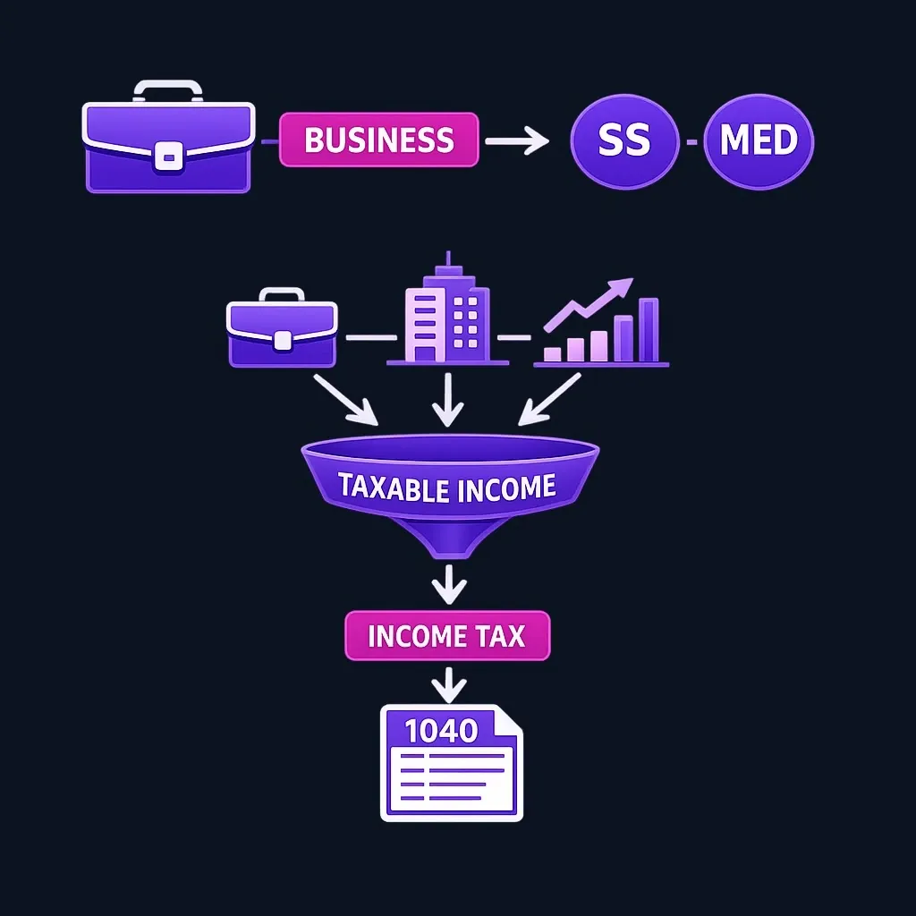 Diagram showing self-employment tax flowing to Social Security and Medicare, and income tax applying to total taxable income from multiple sources