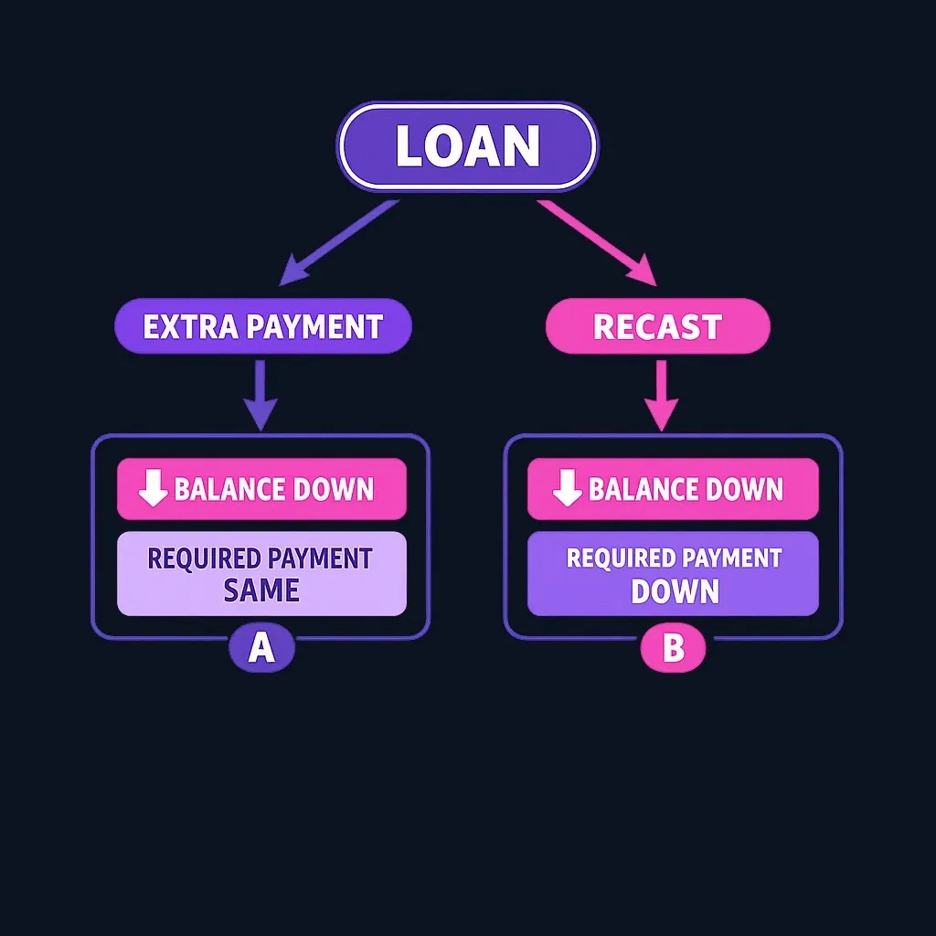 Side-by-side comparison of extra payment versus recast outcomes