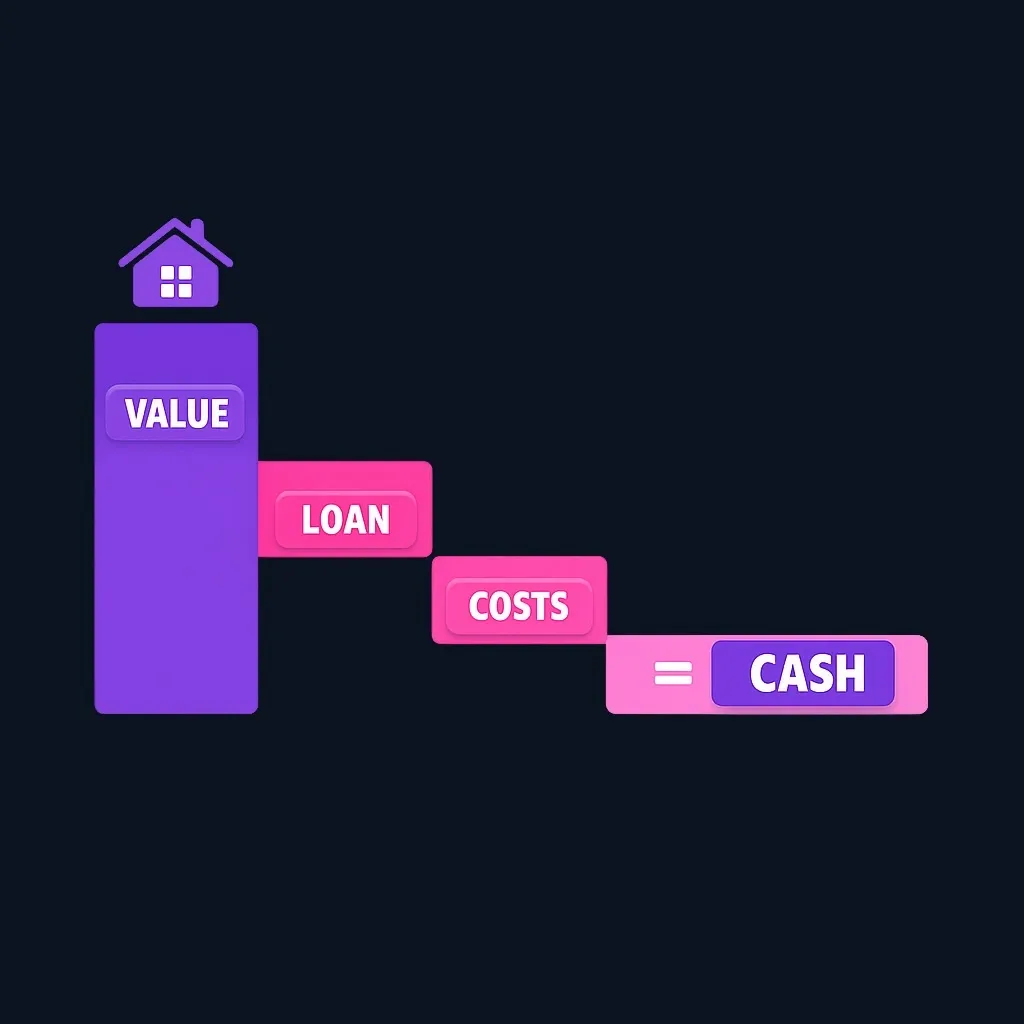 A waterfall diagram showing an asset's value reduced by the loan and sale costs, leaving a smaller net cash amount.