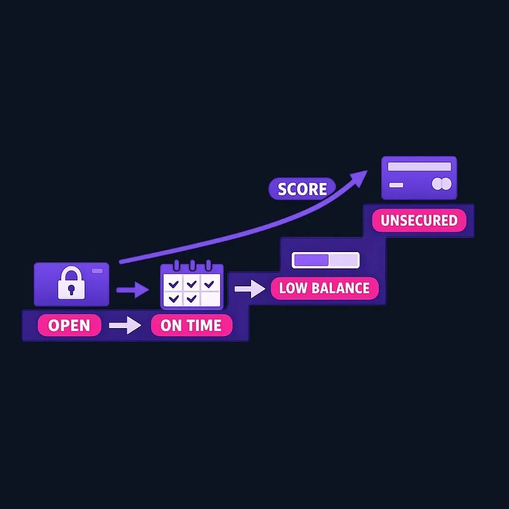 Four-step staircase from a secured card through on-time payments and low balances to an unsecured card