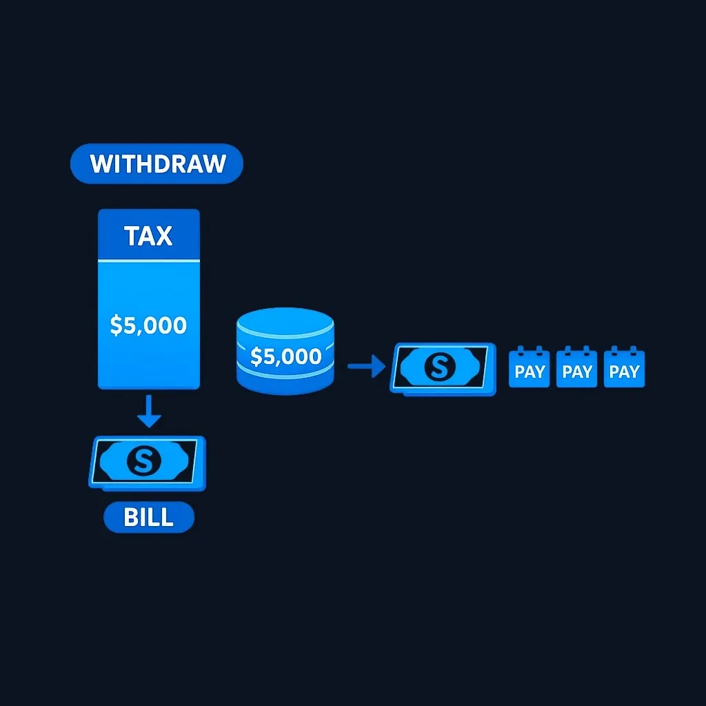 Diagram showing a larger withdrawal amount split into a tax portion and the smaller cash amount actually received, next to a loan shown as a row of future payments