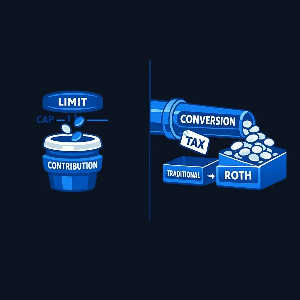 A capped cup for annual contributions compared with an uncapped pipe carrying existing savings into a Roth account
