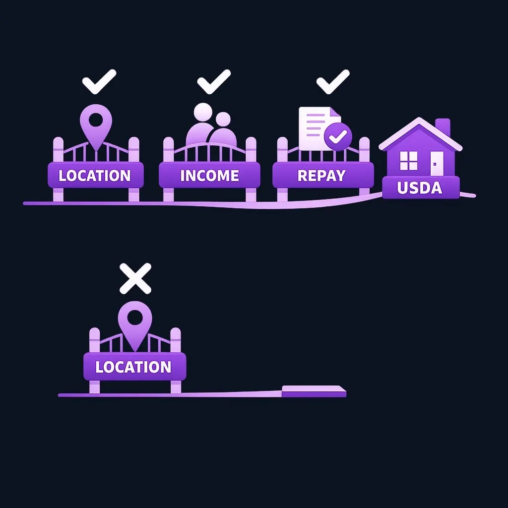 Diagram of three checkpoints labeled location, income and repay, all of which must pass to reach an approved house