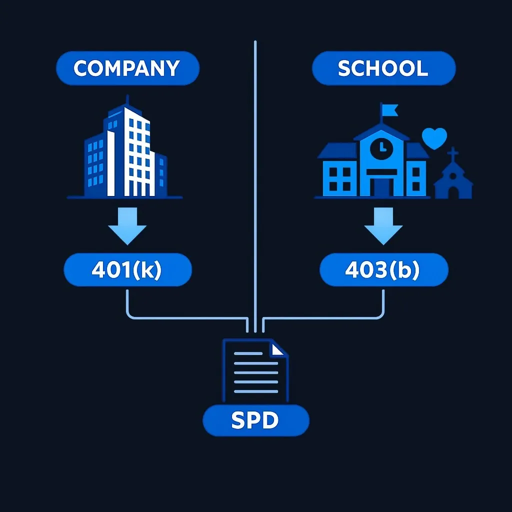 Diagram showing a company building linked to a 401(k) account and a school building linked to a 403(b) account