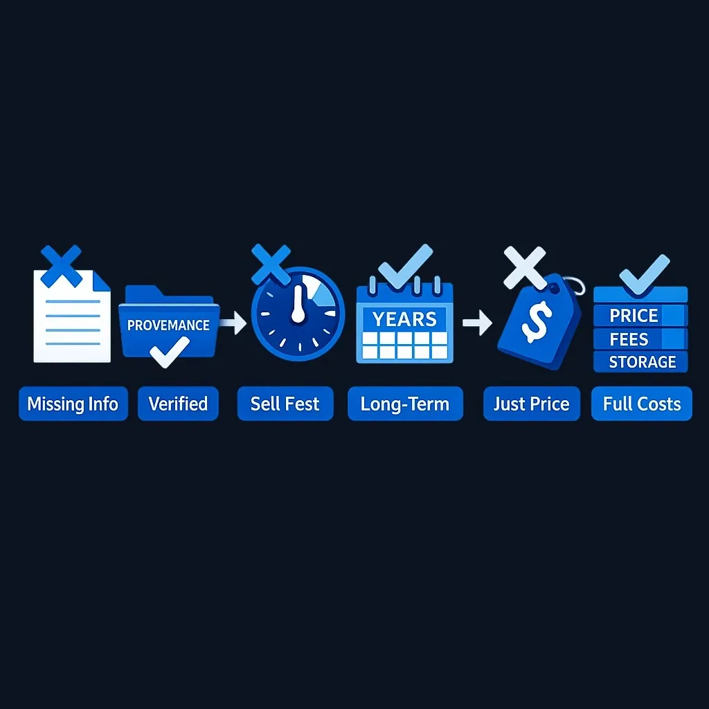 Before and after diagram showing three art investing mistakes corrected
