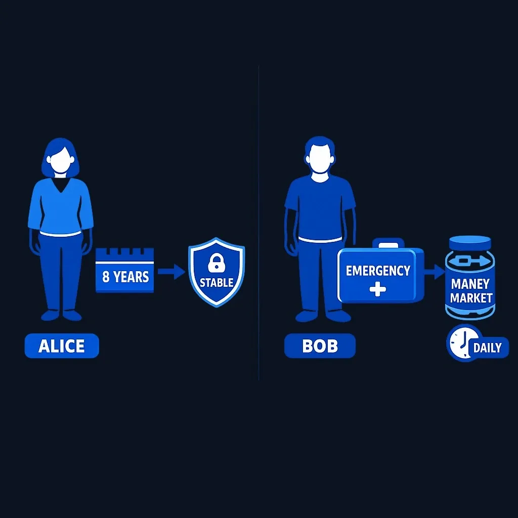 Two savers compared: Alice with a 401(k) and stable value, Bob with an emergency fund and money market fund