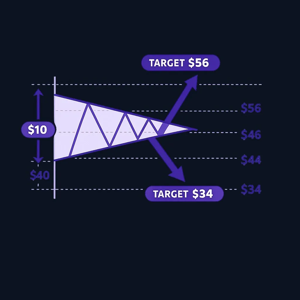 Diagram showing measured-move target calculation for symmetrical triangle breakout