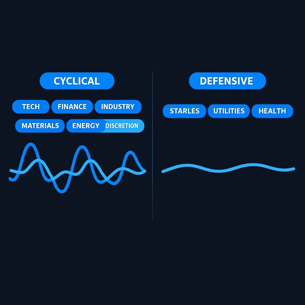 Comparison diagram showing cyclical sectors versus defensive sectors with performance curves