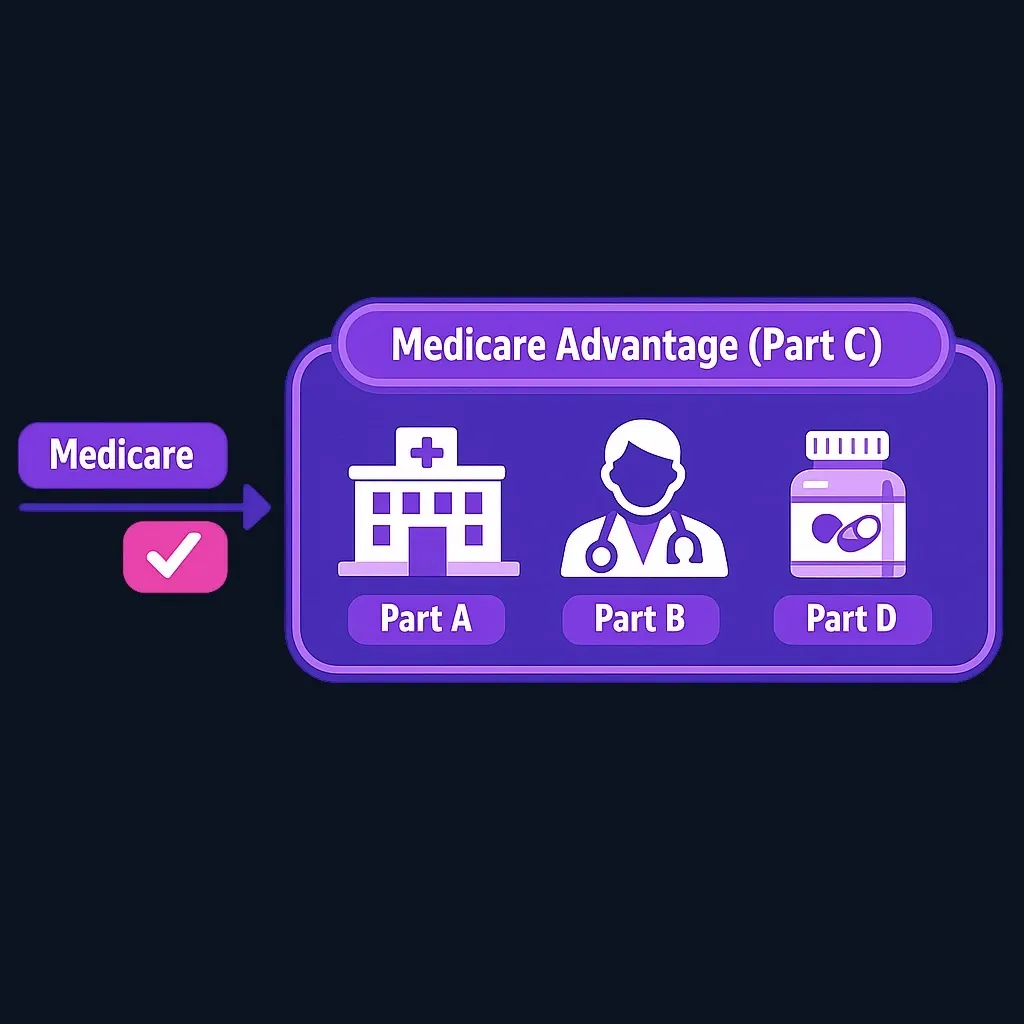Diagram showing Medicare Advantage as single integrated plan containing Part A, Part B, and Part D coverage