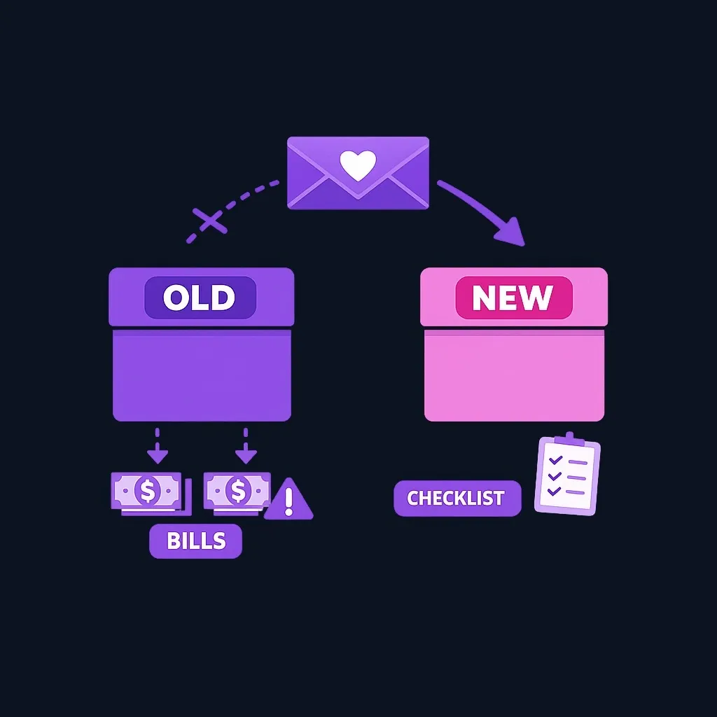 A benefit deposit arrow moving to a new account while bill payment arrows still leave the old account