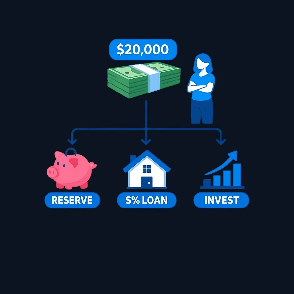 A $20,000 pile of money splitting into three paths: cash reserve, mortgage principal, and investments.