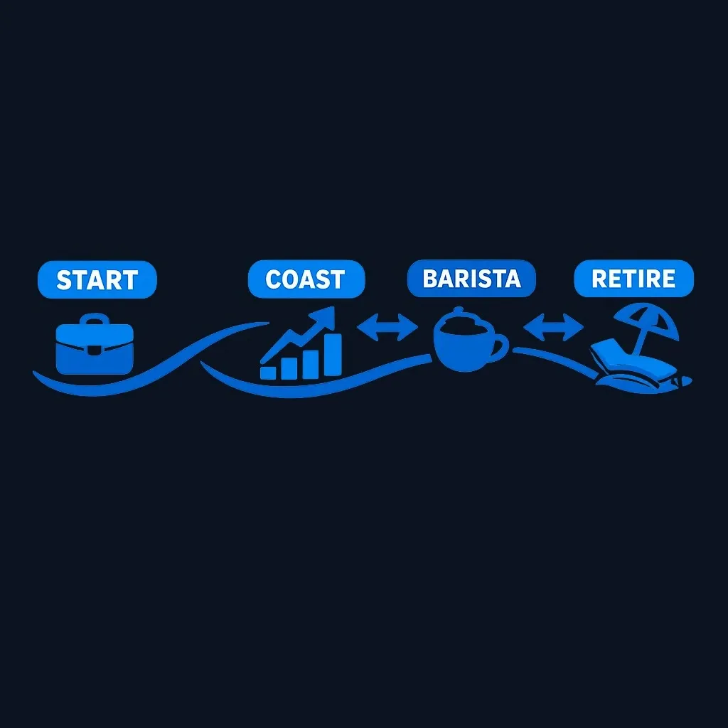 Diagram showing flexible transitions between Coast FIRE and Barista FIRE strategies