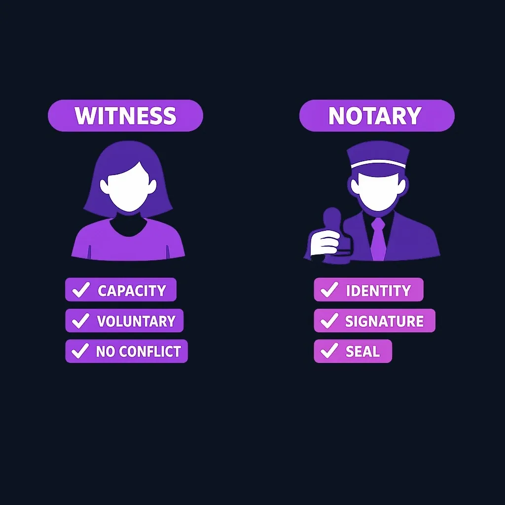 Side-by-side comparison of witness role versus notary role in document execution