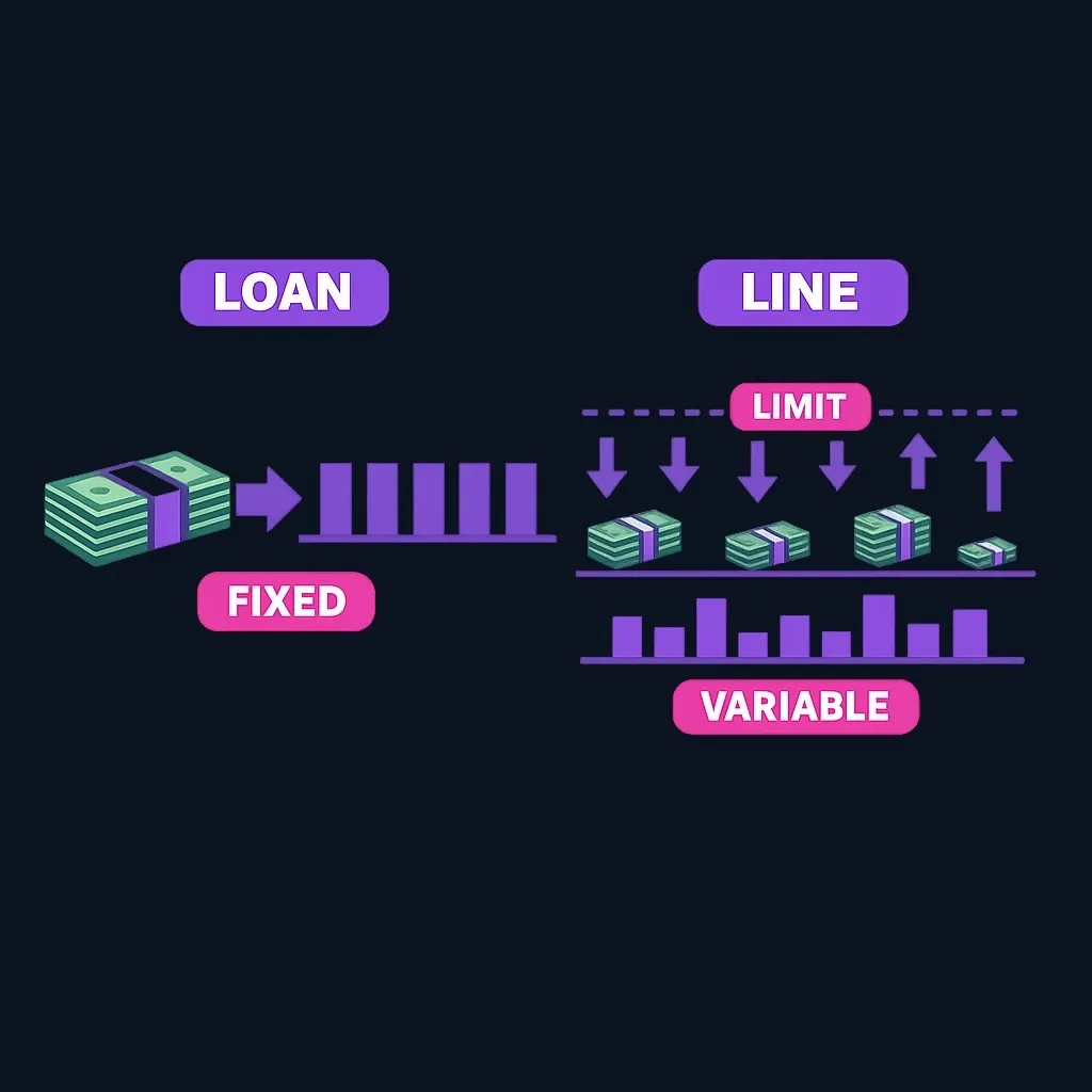 Side-by-side diagram of a personal loan as a single payout with even payments and a line of credit as repeated draws under a limit