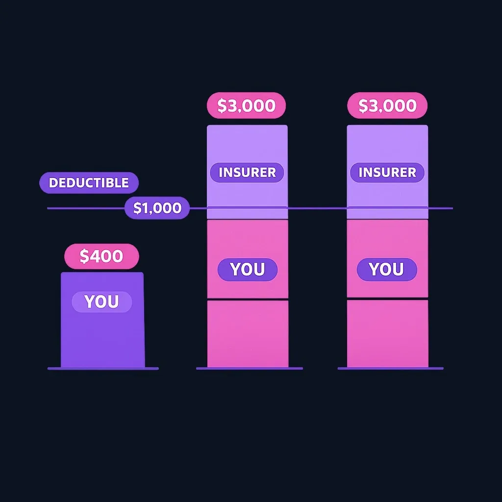 Diagram of three repair bills of different sizes, each showing the deductible portion you pay and the portion the insurer pays