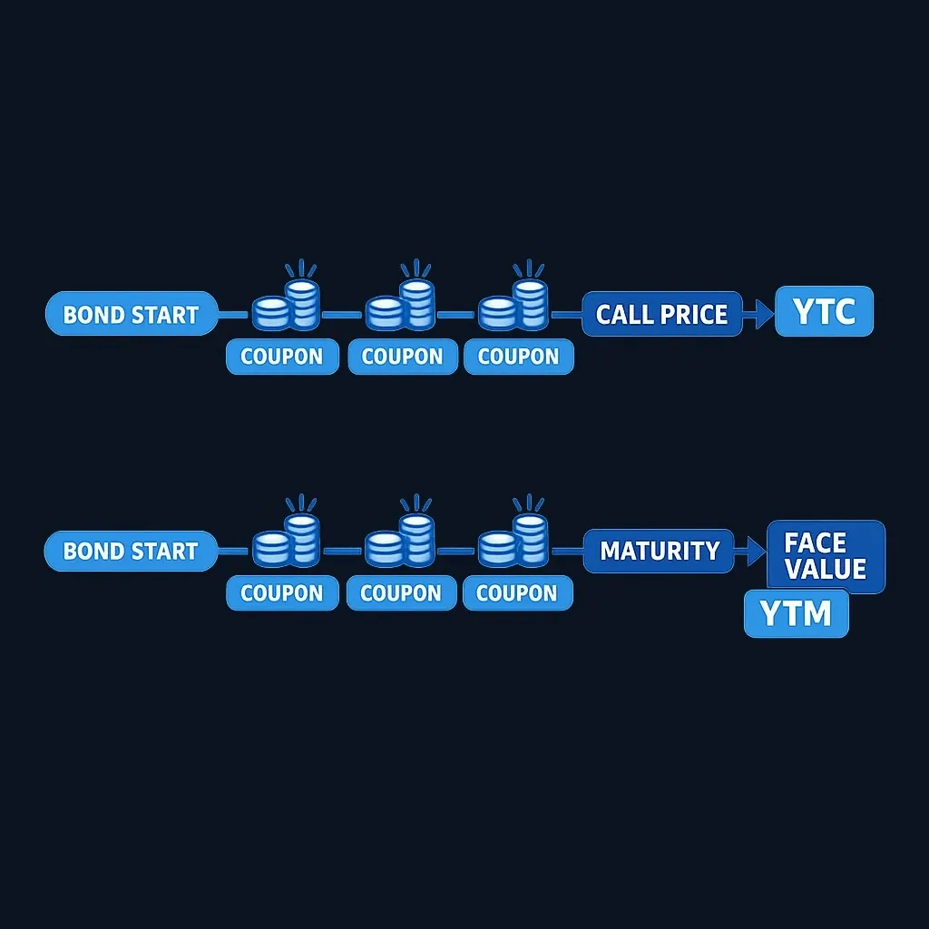 Diagram defining yield to call versus yield to maturity with timeline and cash flows