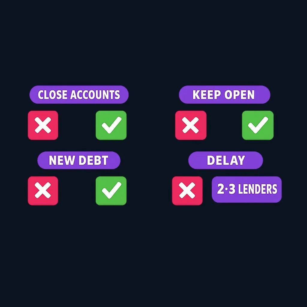 Side-by-side comparison of common credit mistakes versus recommended fixes