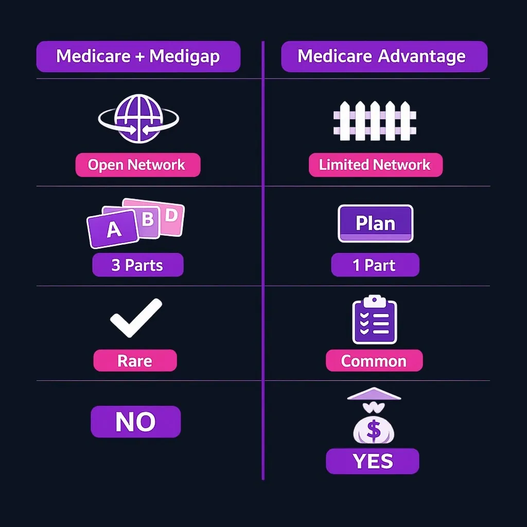 Side-by-side comparison of Original Medicare plus Medigap versus Medicare Advantage showing provider access, network requirements, and cost structure differences