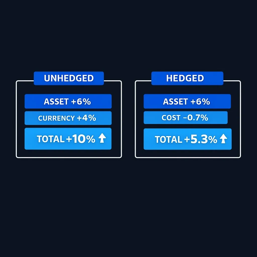 Comparison showing unhedged investor gaining from currency appreciation versus hedged investor missing that gain
