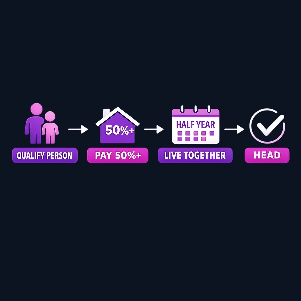 Diagram showing three conditions for head of household status: qualifying person, financial support, and residency requirement
