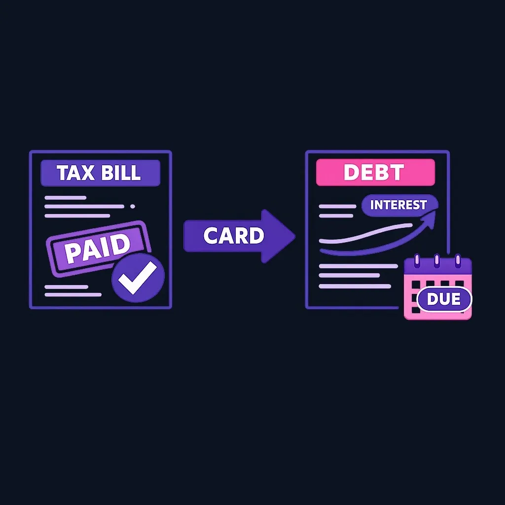 Diagram showing a tax bill marked paid while the same amount appears as a card balance that can accrue interest