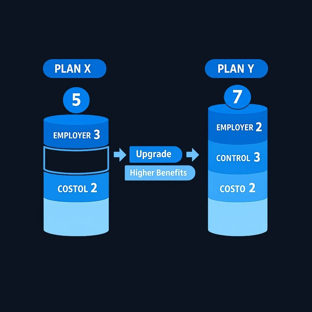 Scorecard comparing Plan X with a total of 5 points and Plan Y with a total of 7 points across employer, control and cost scores.