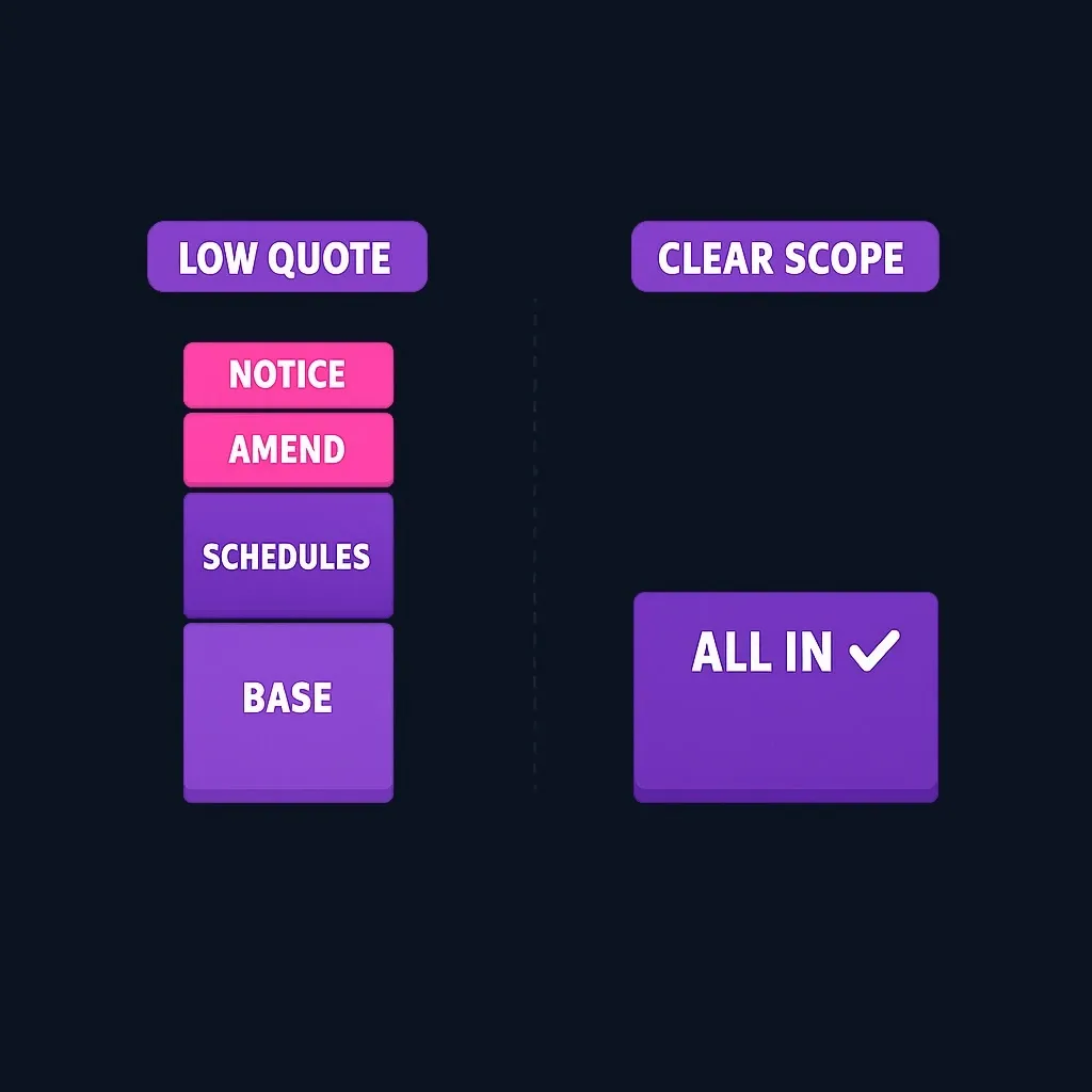 Two stacked bars comparing a low quote that grows with add-on charges and a clearly scoped quote that stays the same