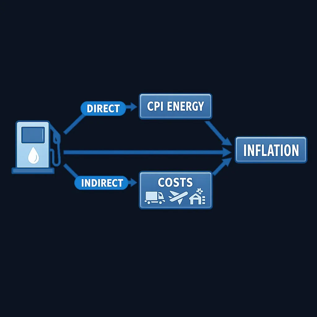 Diagram showing direct and indirect pathways from gasoline prices to overall inflation