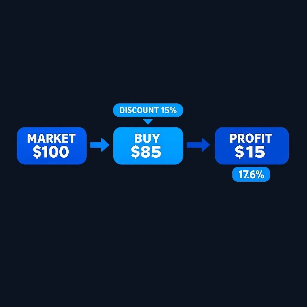 Step-by-step calculation showing $100 market price, 15% discount, $85 purchase price, immediate sale for $15 profit