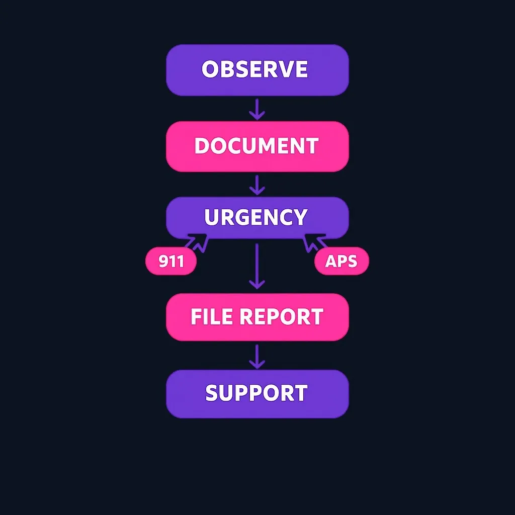 Flowchart showing the five-step framework for reporting elder financial abuse